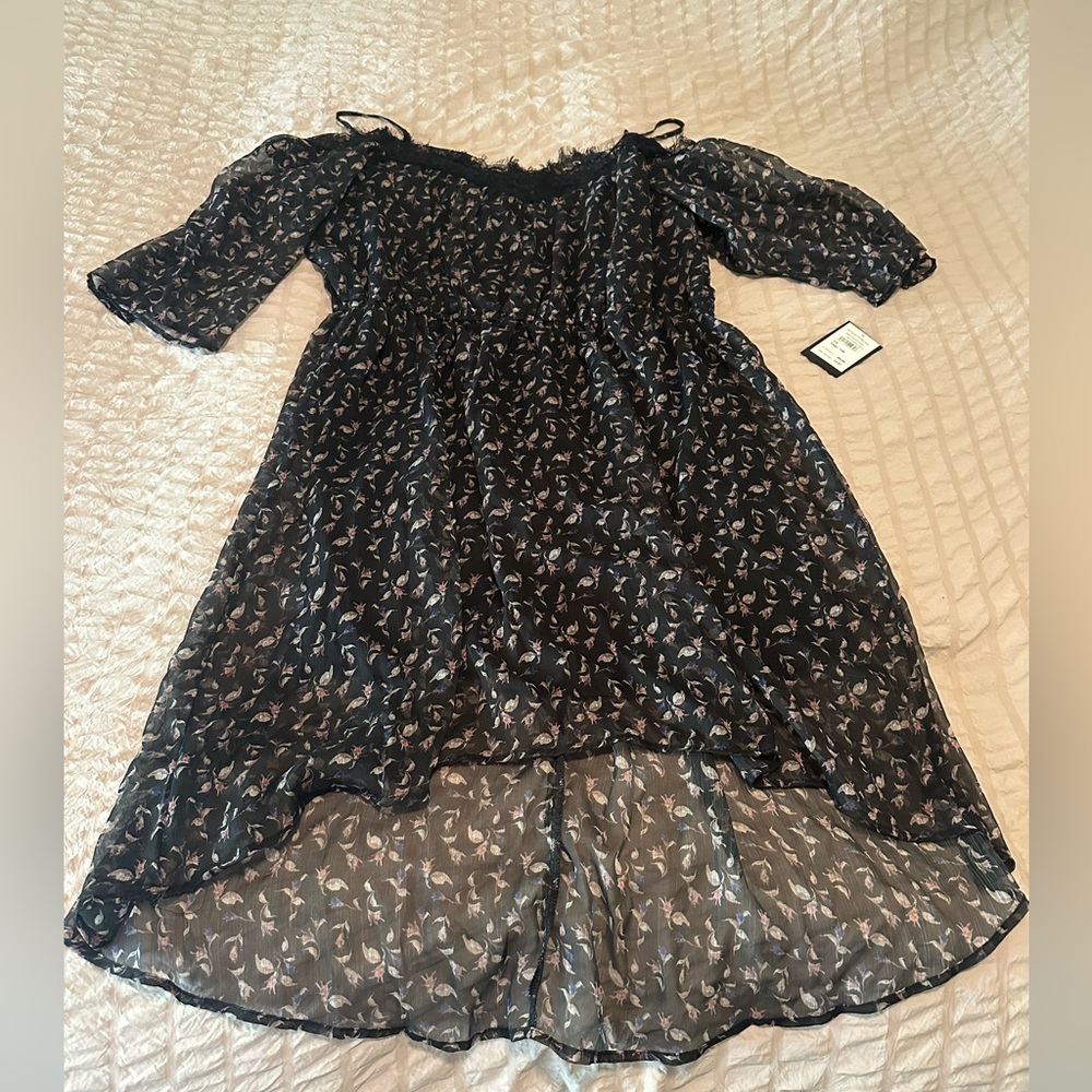 NWT- Want and Need High/Low-Black w/pink & blue floral-flutter off the shoulder